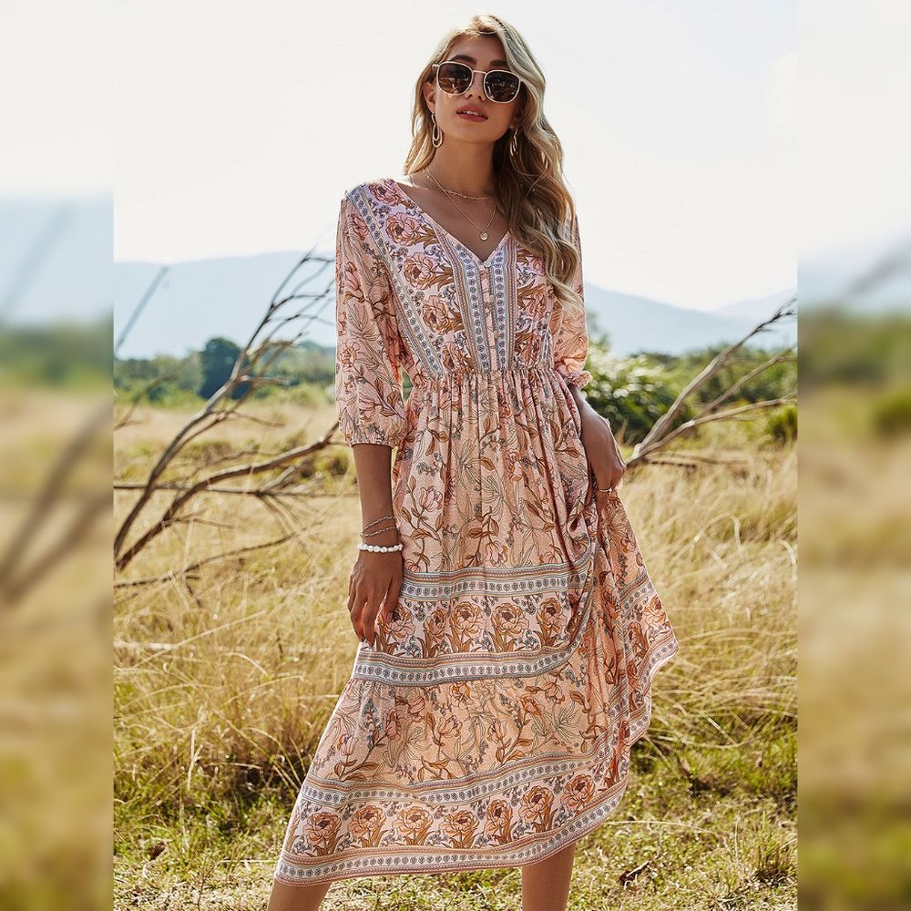 Boho Summer Floral Print V Neck Pink Maxi Dress